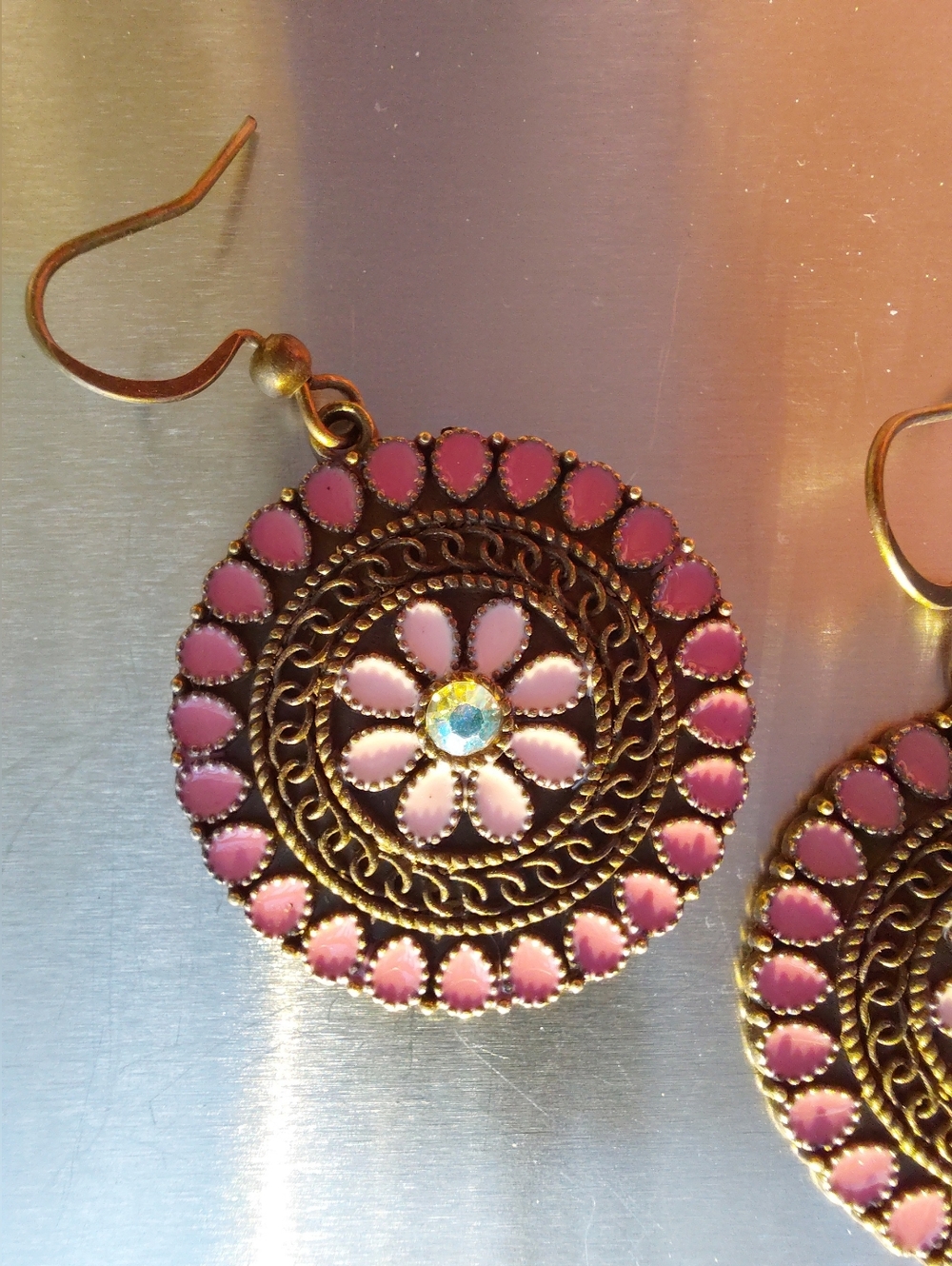 Enamel Dangle Earrings 1 1/8" Light And Dusty Rose Bronze Accents Brass Hooks